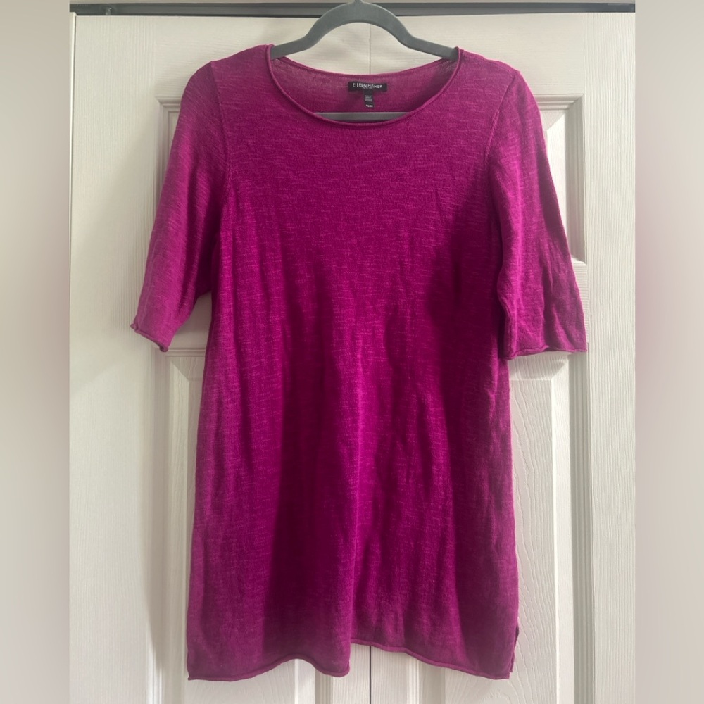 Eileen Fisher Sweater Size S Petite Purple Linen Blend 3/4 Sleeve Knit Beachy